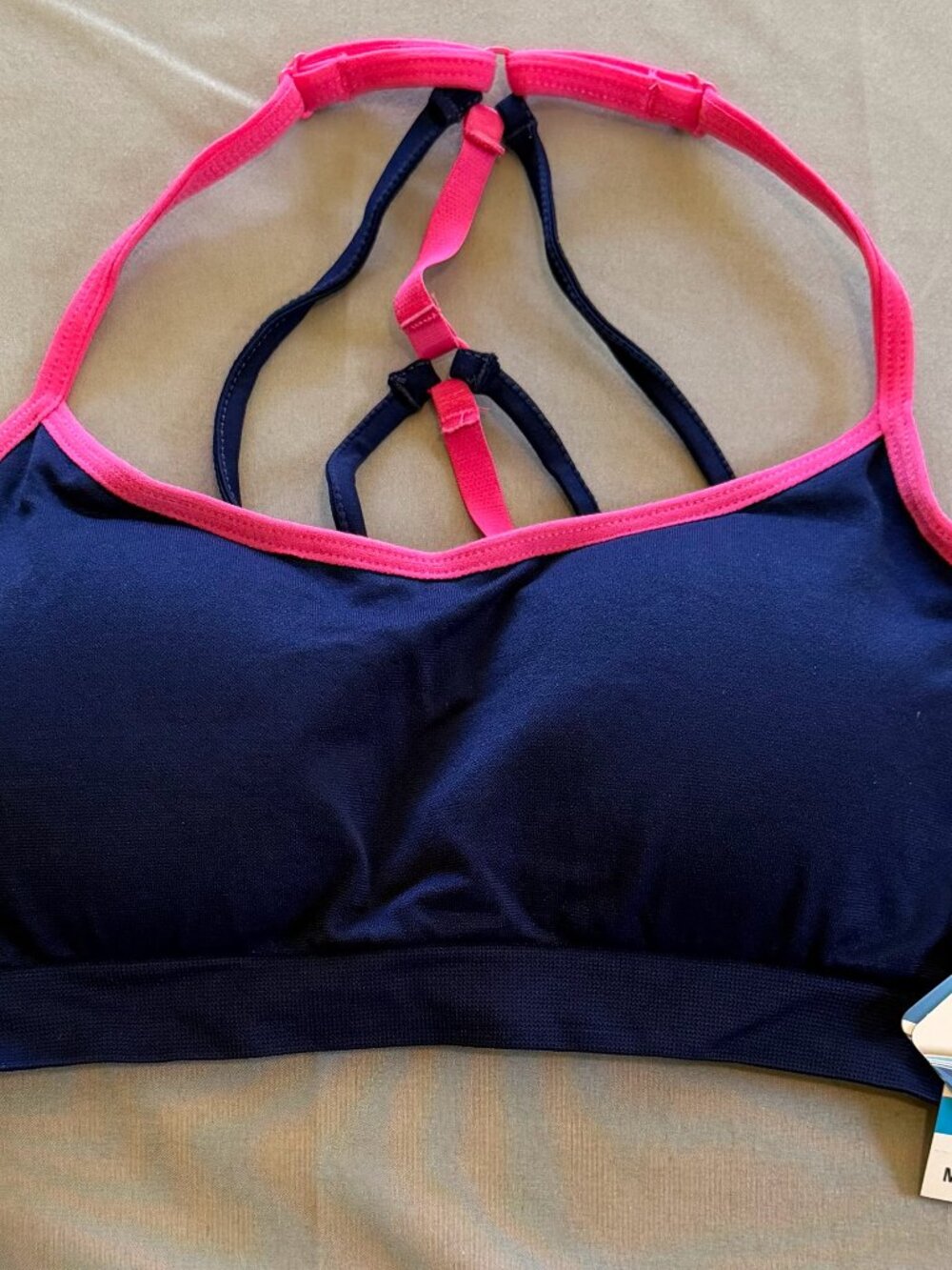 Shoactive Woman’s Strappy Sports Bra NWT Size Small Navy Blue With Pink Accents